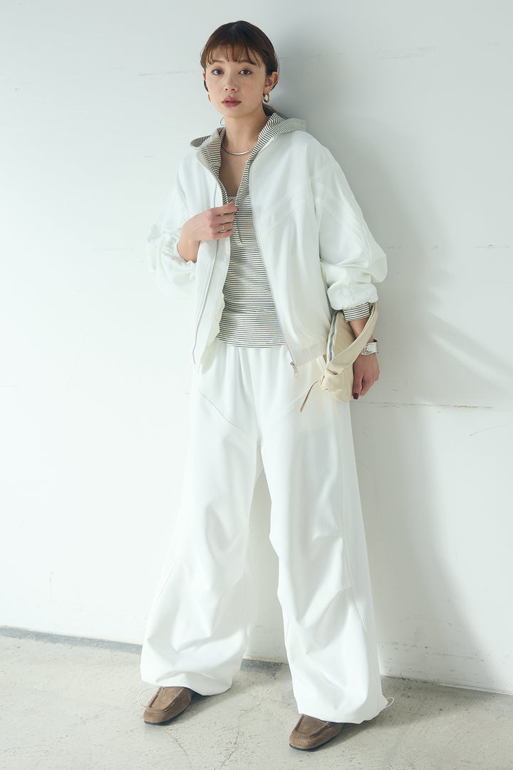 [SET]マルチ切り替えドルマンブルゾン+ランダムタックデザインワイドパンツ+ボーダーフーディーロンT(3set)