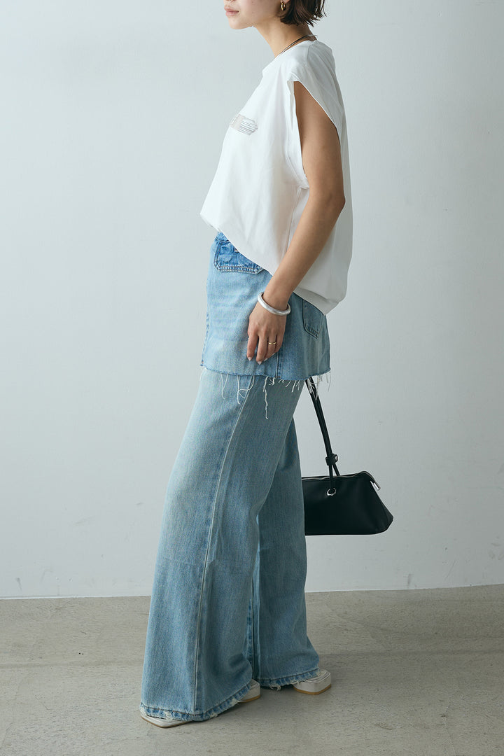 [SET]英字デザインノースリーブTシャツ+レイヤードデニムパンツ(2set)