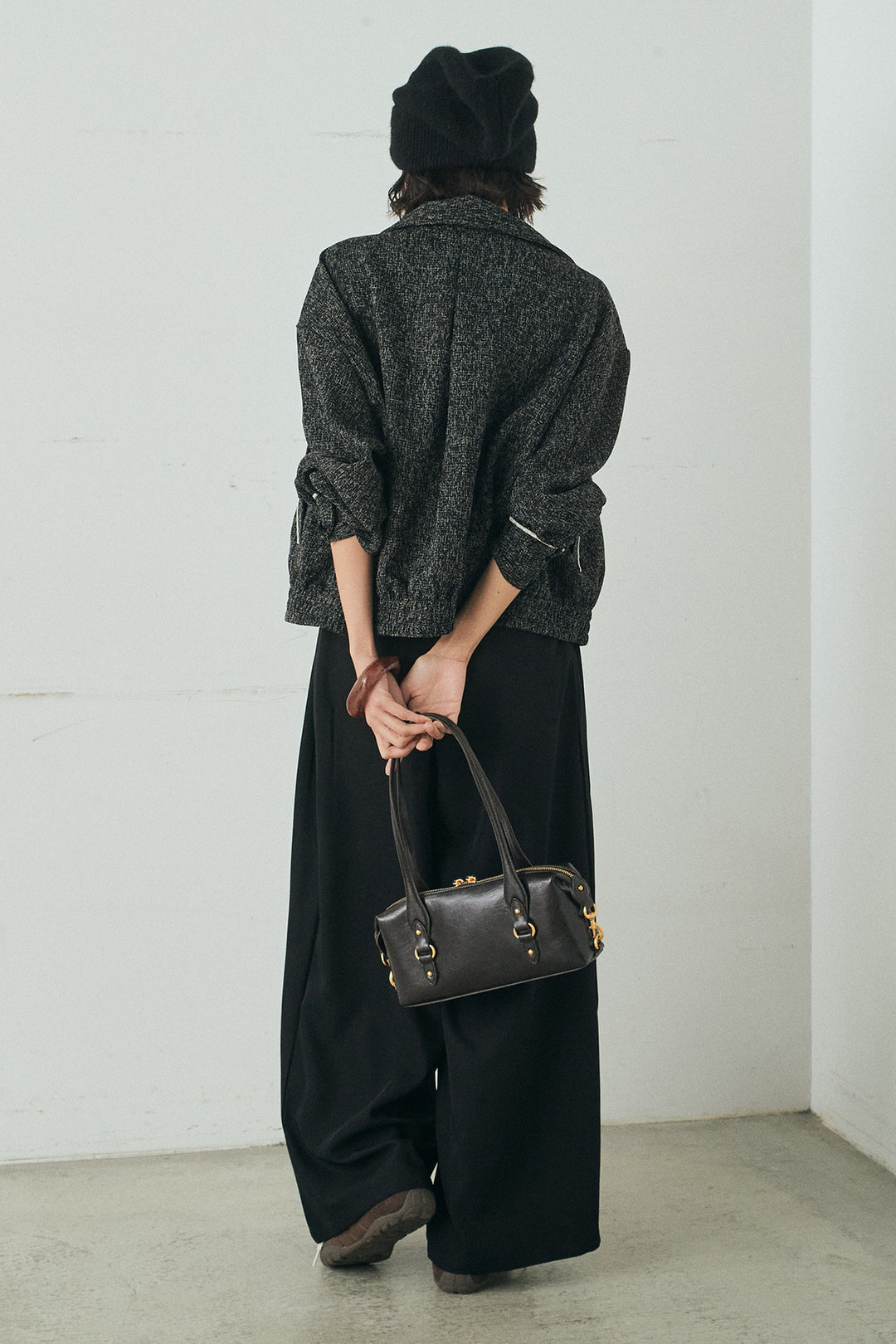 [SET]ツイード配色パイピングブルゾン+ベルト付きタックデザインハイウエストロングパンツ(2set)