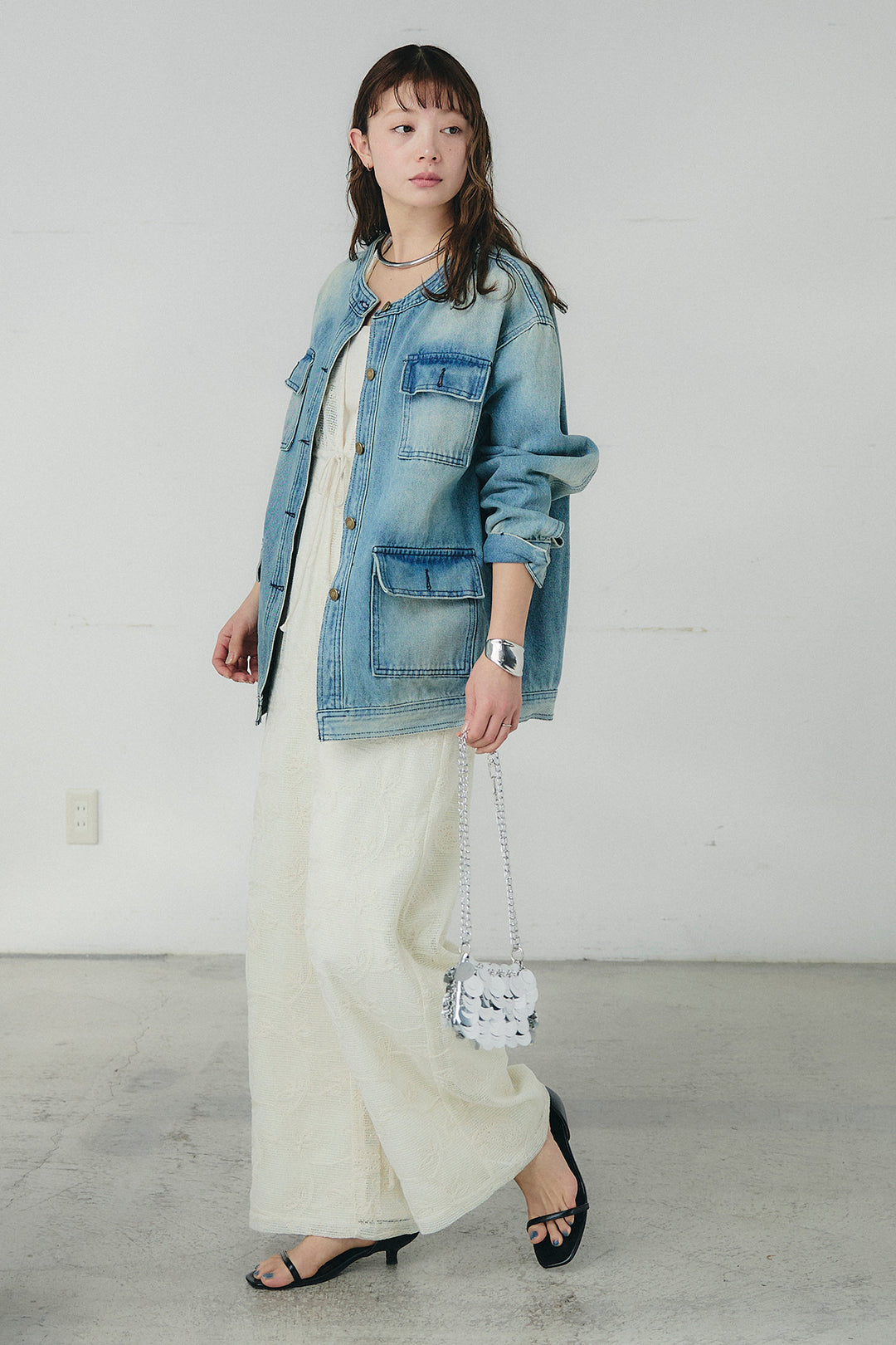[SET]ノーカラーデニムポケットジャケット+レースサロペット(2set)