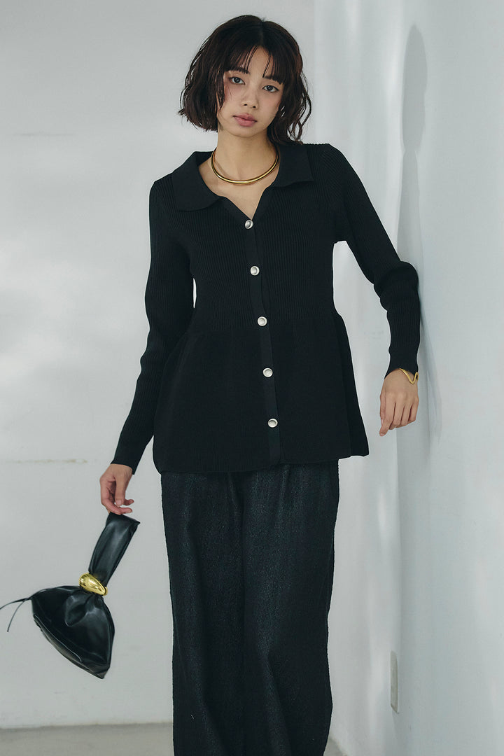 [SET]スキッパーペプラムニット+デニムライクヘリンボーンタックパンツ(2set)