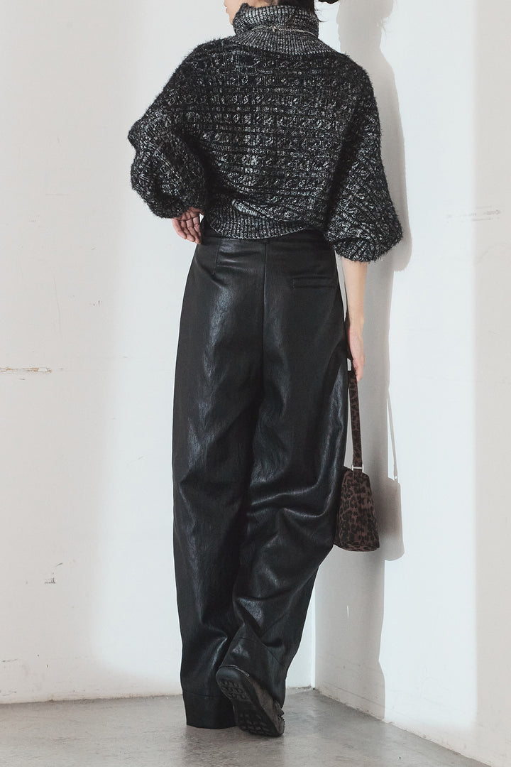 [SET]ミックス編みドルマンニットトップス+ベルト付きレザーライクタックパンツ(2set)