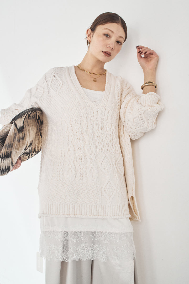 [SET]ケーブルVニットセーター+サテンタックワイドパンツ(2set)