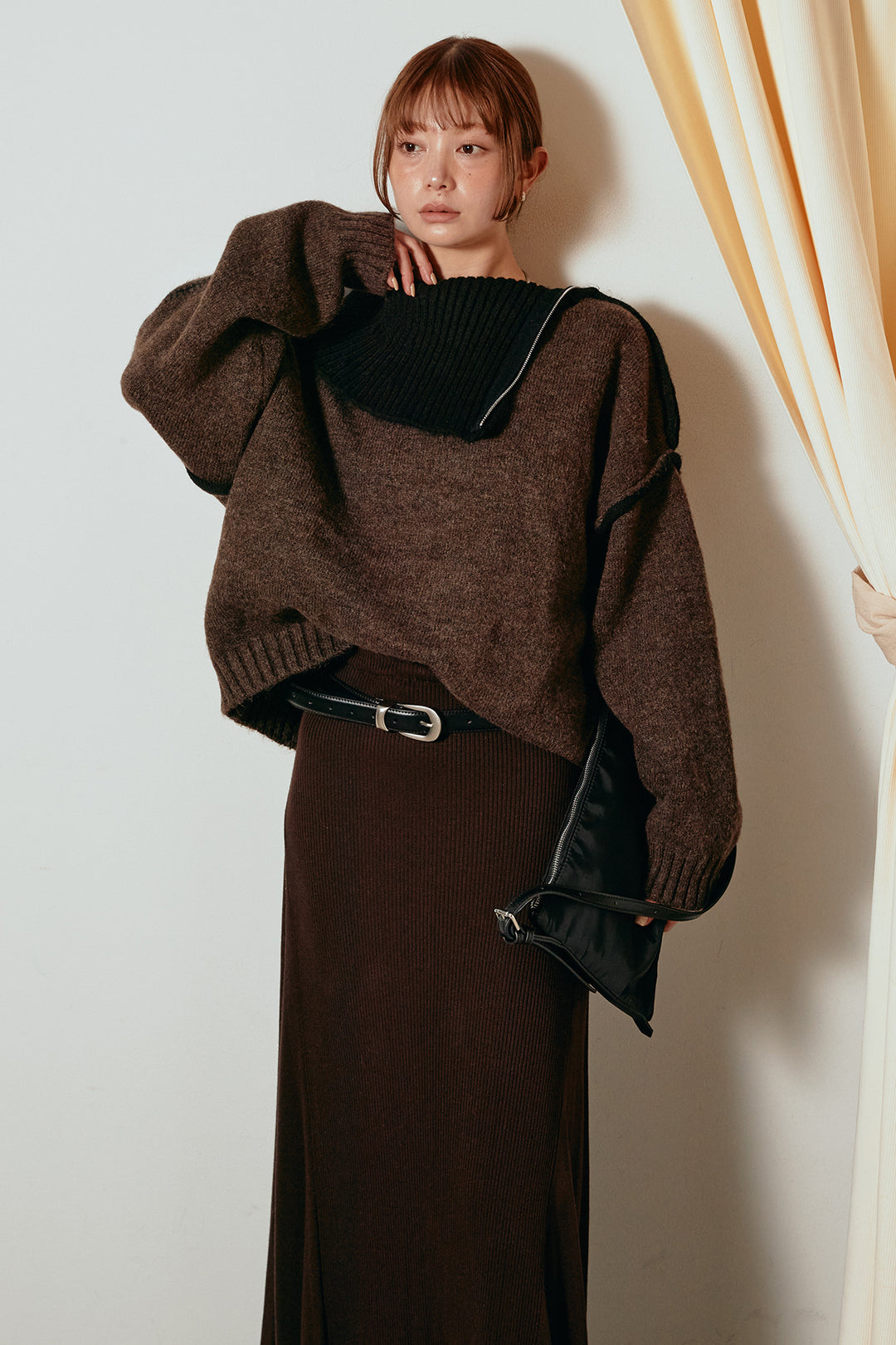 [SET]ハイネックジップデザインニットトップス+サイド切り替えリブニットロングスカート(2set)