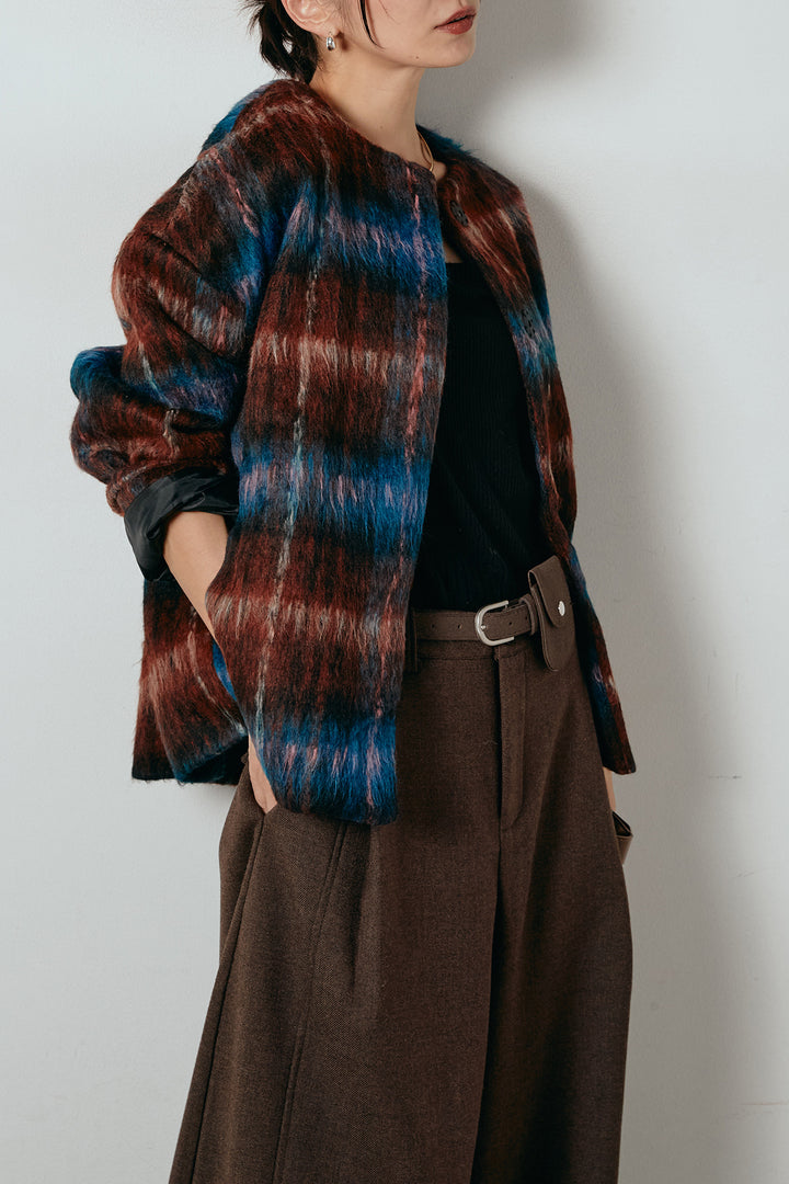 [SET]ノーカラーシャギーチェックアウター+ポーチベルト付きカーブパンツ(2set)