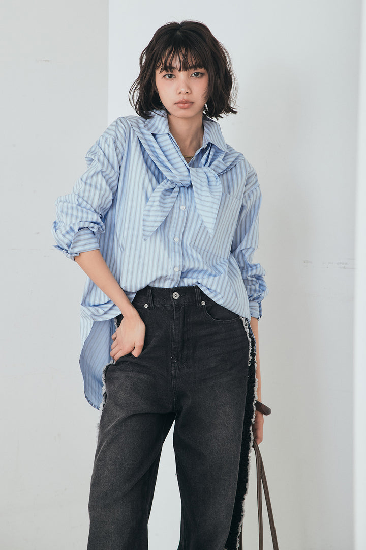 [SET]ランダムストライプスカーフ付きシャツ+デニムサイドフリルパンツ(2set)