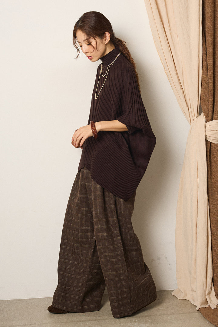 [SET]アシメデザインリブポンチョニットトップス+ウールライクチェックタックパンツ(2set)