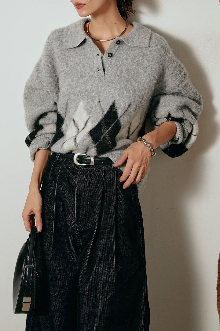 [SET]アーガイル柄ポロニットトップス+フロントタック入りコーデュロイパンツ(2set)