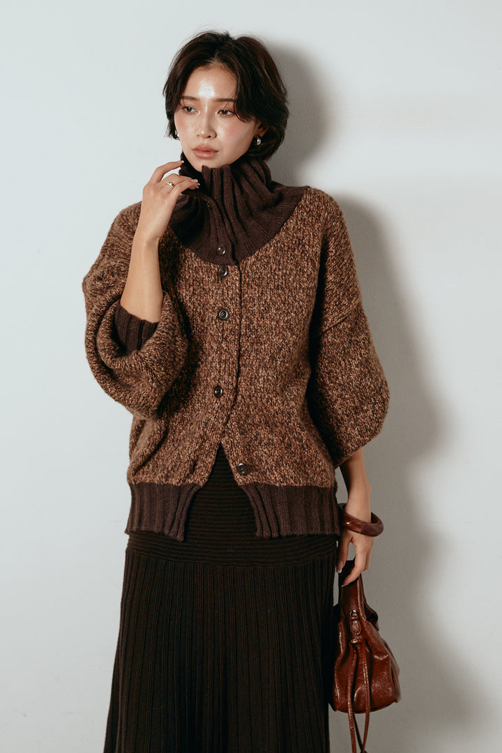 [SET]ハイネックミックスニットカーディガン+編み地切り替えフレアニットスカート(2set)