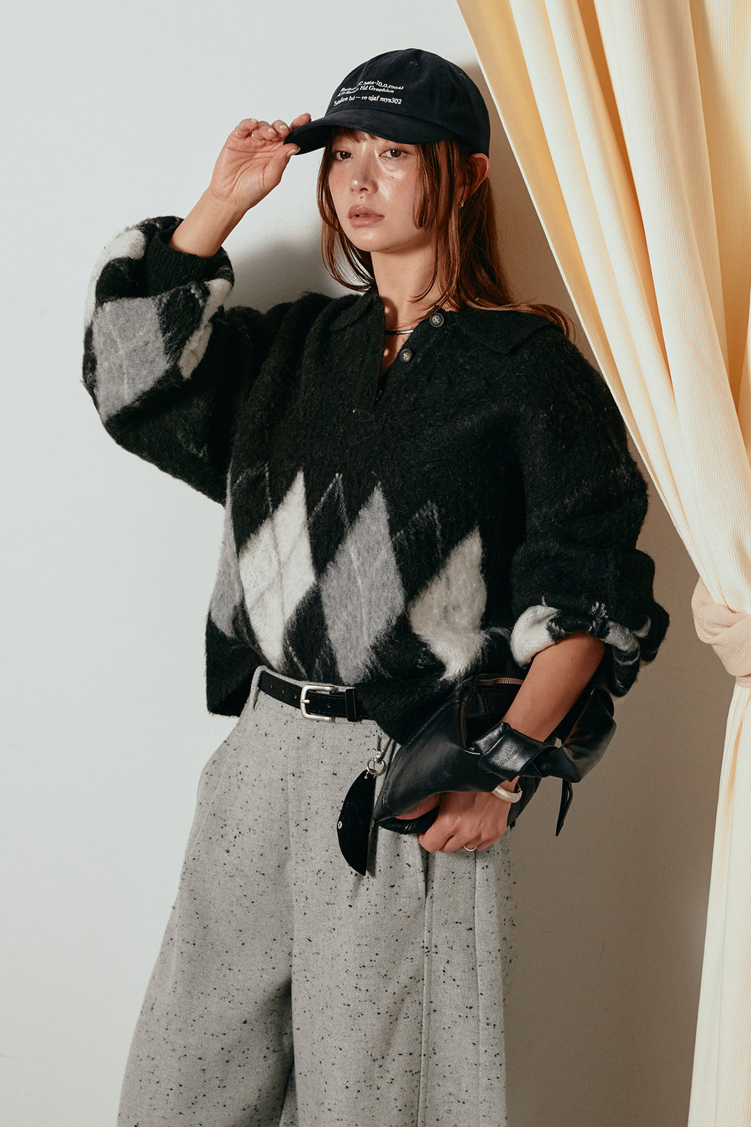 [SET]アーガイル柄ポロニットトップス+ベルト付きネップツイードカーブパンツ(2set)