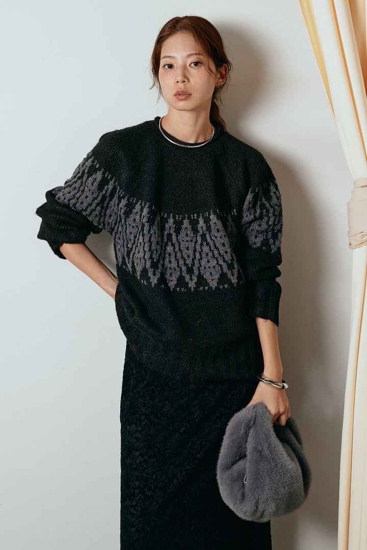 [SET]モノトーン柄ニットトップス+花柄刺繍ベロアフレアスカート(2set)