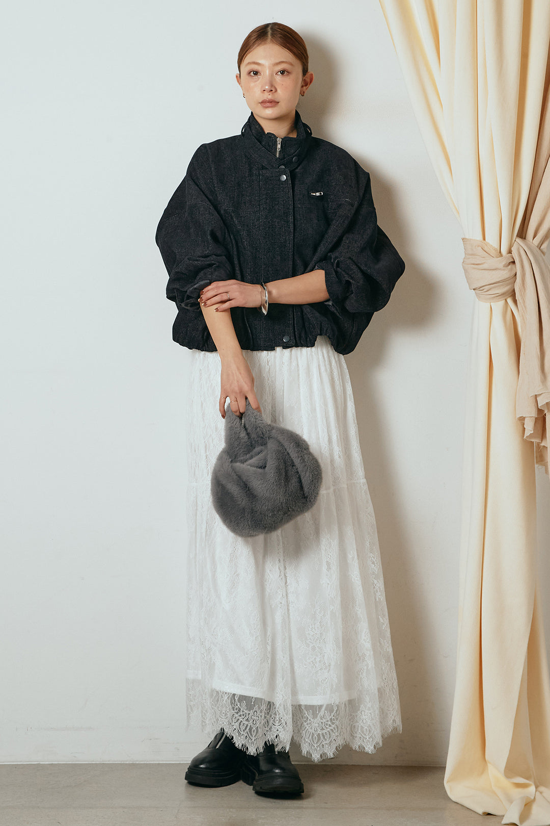 [SET]デニム調ハイネックブルゾン+ひげレース切替ロング丈スカート(2set)