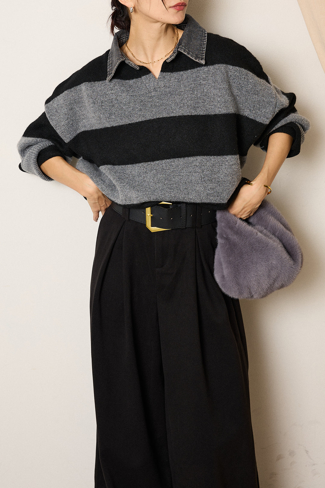 [SET]デニムカラーボーダールーズニット+ゴールドバックル太ベルト付きワイドパンツ(2set)