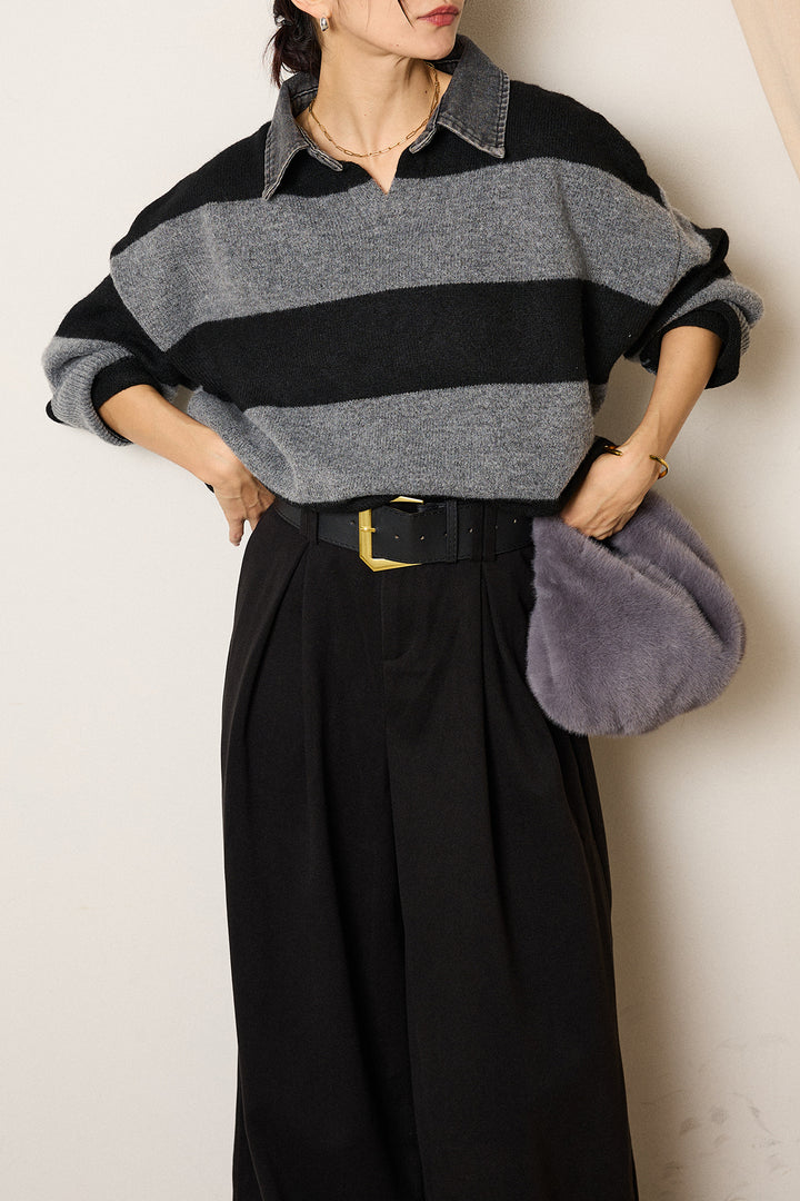 [SET]デニムカラーボーダールーズニット+ゴールドバックル太ベルト付きワイドパンツ(2set)