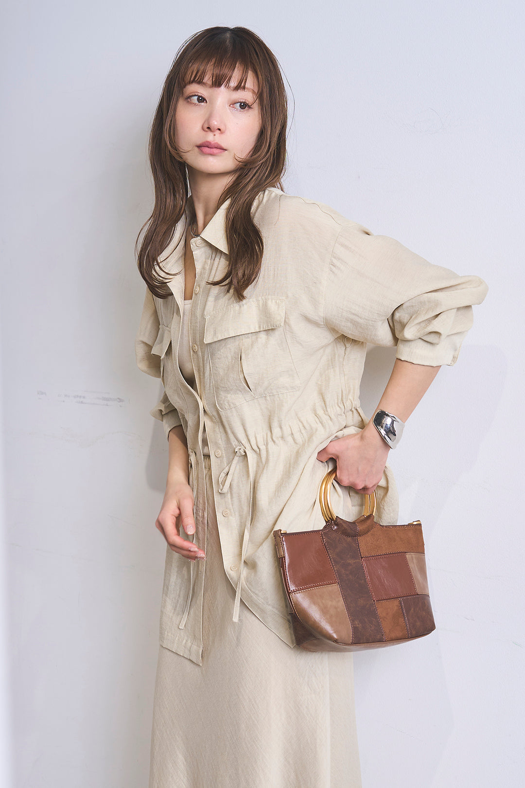 [SET]リネンブレンドシアーサファリシャツ+リネンブレンドロングナロースカート(2set)