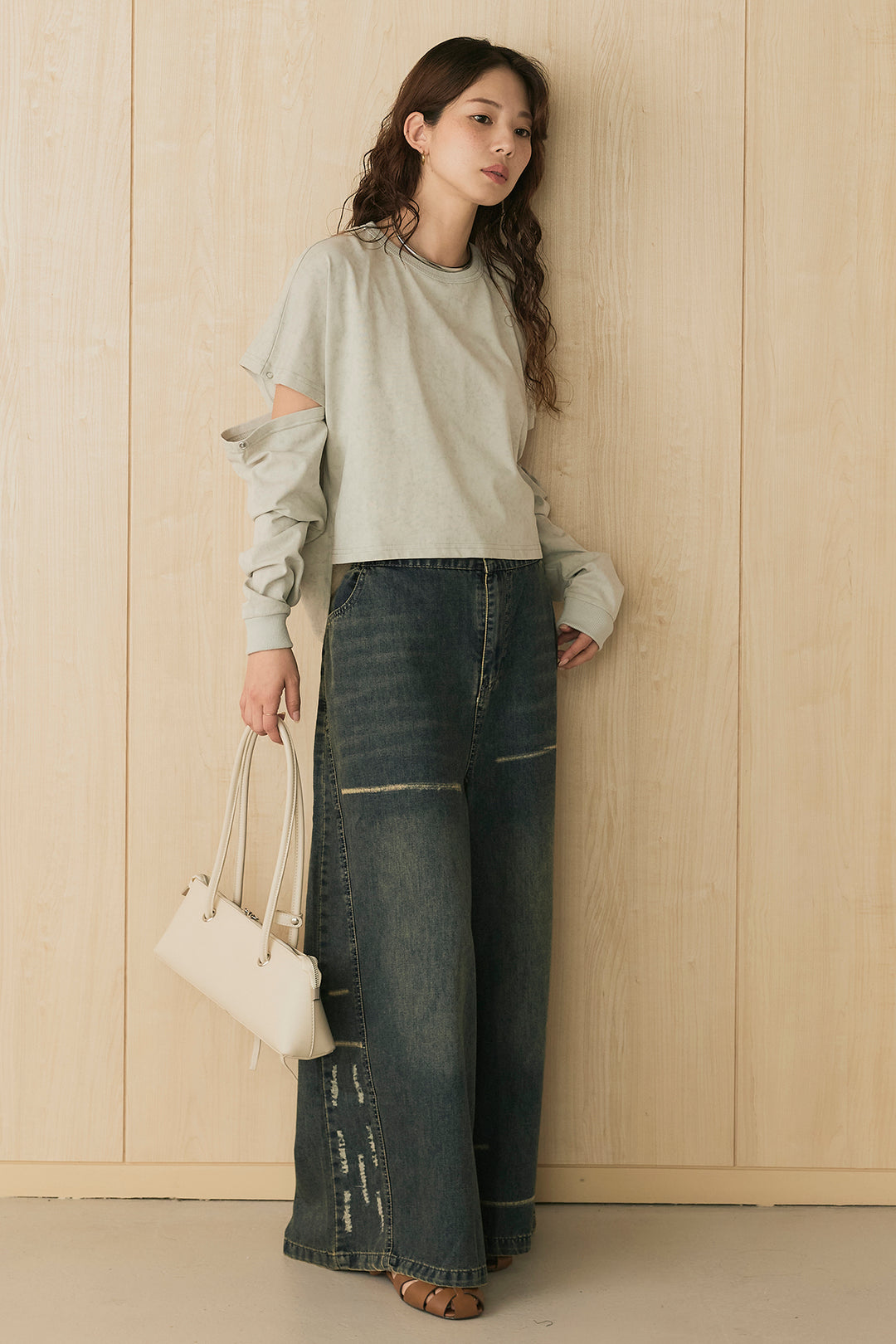 [SET]セパレートフェードTシャツ+ランダムダメージデニムワイドパンツ(2set)