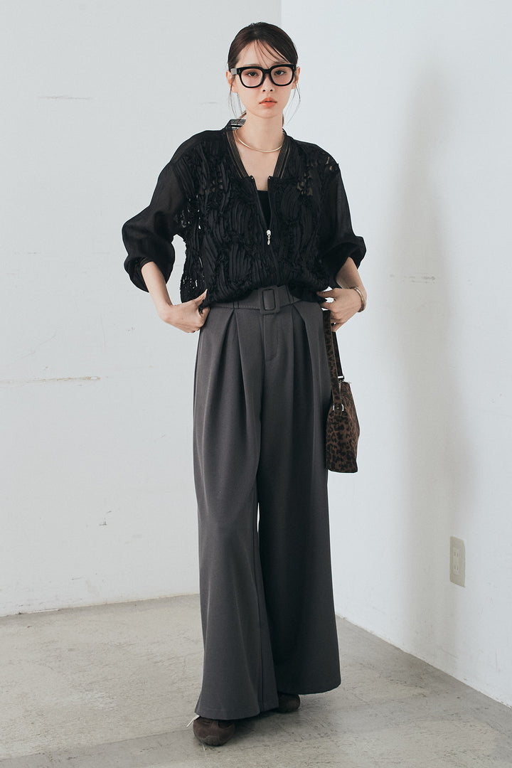 [SET]モチーフ付きシアーブルゾン+ベルト付きツータックワイドパンツ(2set)