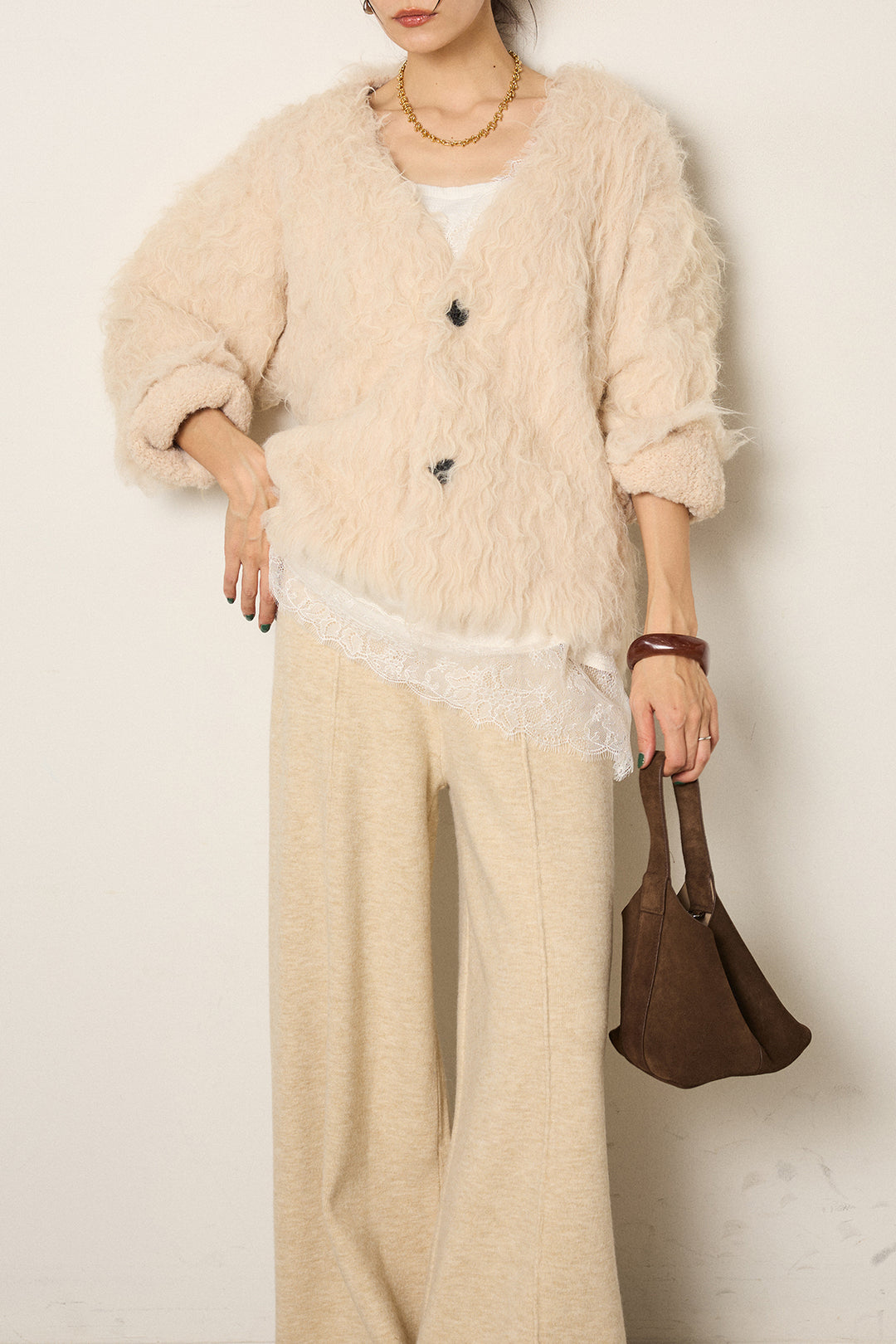 [SET]起毛シャギーニットカーディガン+センターラインニットパンツ(2set)