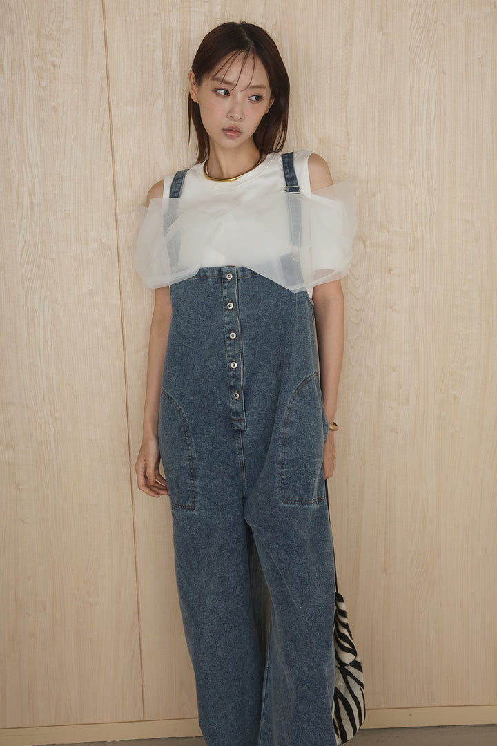 [SET]シアーレイヤーデザインカットソー+フロントボタンデニムサロペット(2set)
