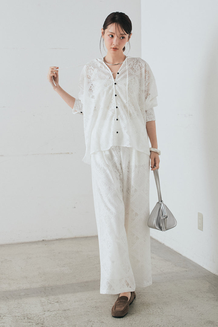 [SET]ブロックレースフード付きブラウス+リラックスブロックレースワイドパンツ(2set)