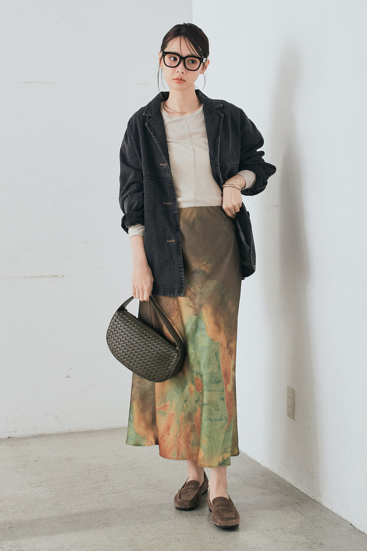 [SET]オーバーデニムジャケット+ニュアンス柄サテンスカート(2set)