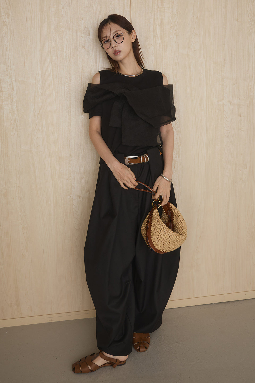 [SET]シアーレイヤーデザインカットソー+ベルトループワイドパンツ(2set)