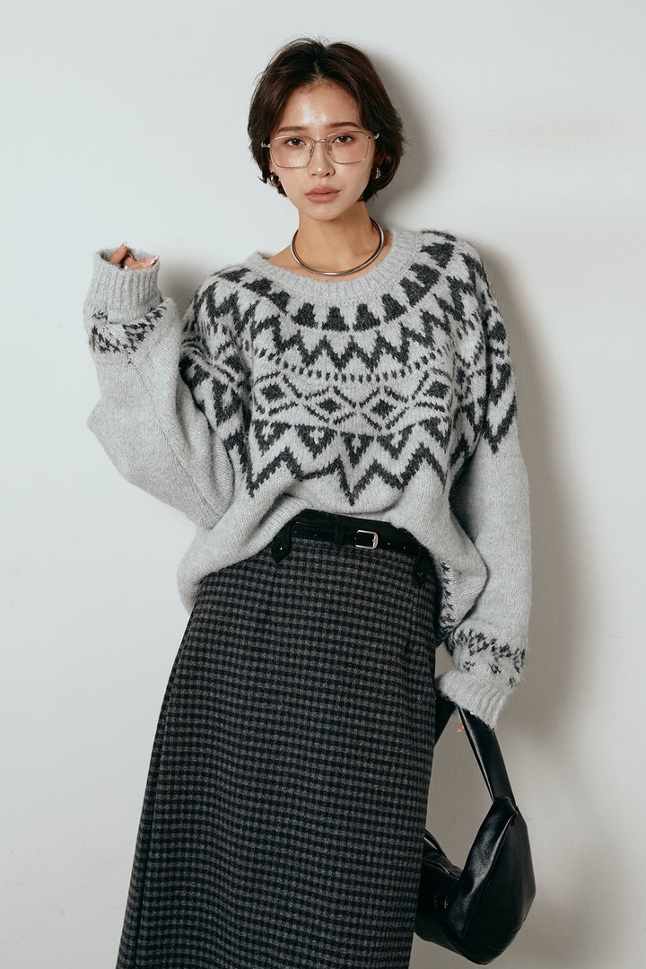 [SET]ノルディック柄Uネックプルオーバー+スエード調ベルト付きチェックナロースカート(2set)