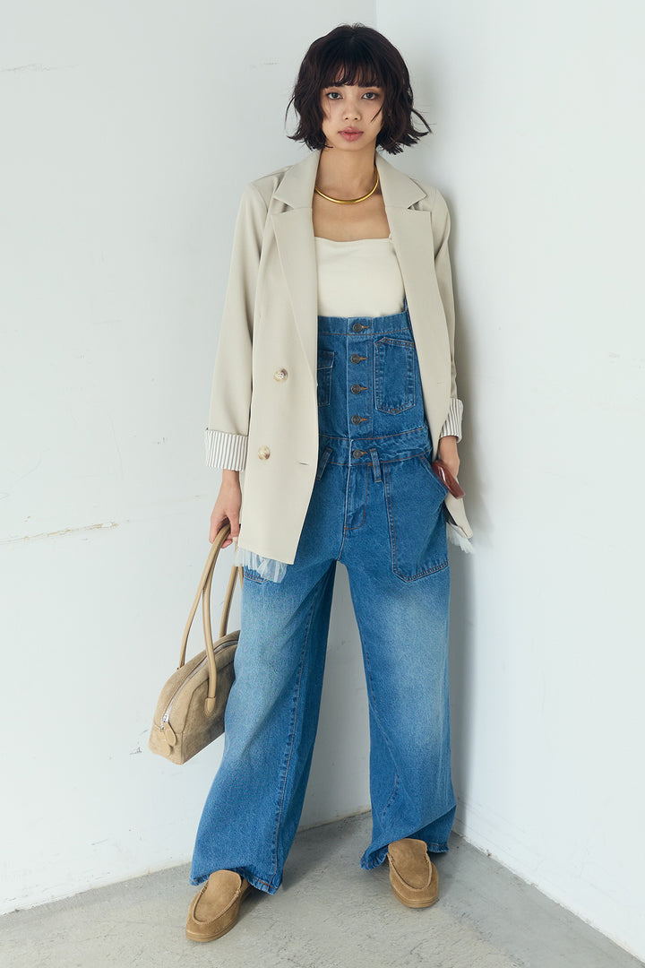 [SET]裾フリルダブルジャケット+デニムサロペットワイドパンツ(2set)