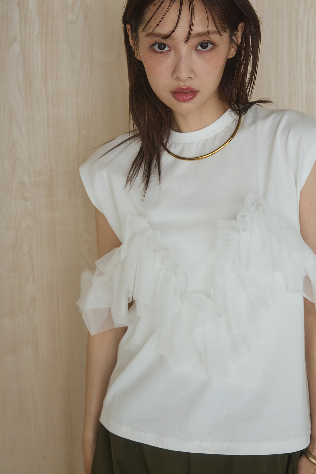 [SET]チュールフリルフレンチTシャツ+ルーズカーゴワイドパンツ(2set)