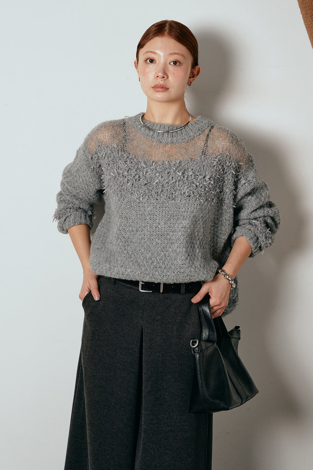 [SET]パターンランダム編みニットトップス+ベルト付きフロントタックデザインパンツ(2set)