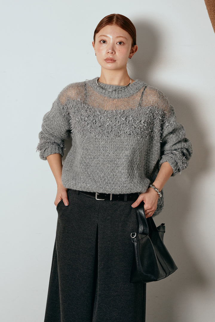 [SET]パターンランダム編みニットトップス+ベルト付きフロントタックデザインパンツ(2set)