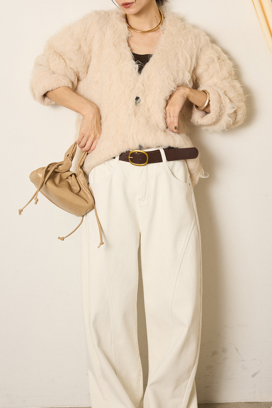 [SET]起毛シャギーニットカーディガン+ベルト付きカジュアルカーブワイドパンツ(2set)