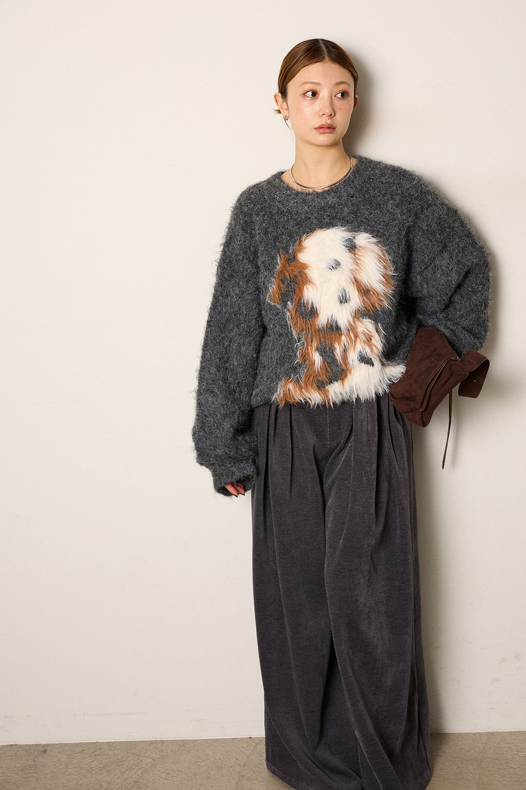 [SET]シャギーニュアンスアニマルニット+ベルトループコーデュロイワイドパンツ(2set)