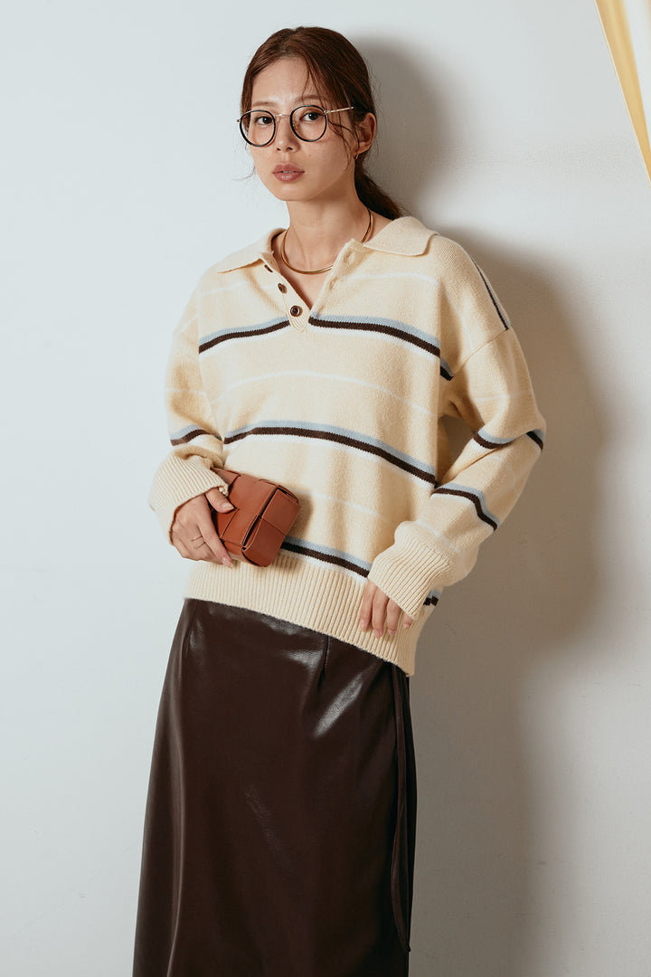 [SET]襟付きマルチボーダーニットポロトップス+紐付きフェイクレザーワイドスカート(2set)