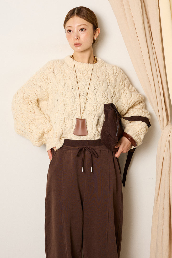 [SET]ケーブルリラックスショートニット+スウェットワイドカーブパンツ(2set)