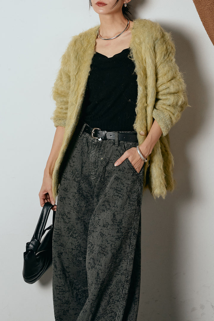 [SET]ウェーブシャギーニットジャケット+ベルト付きニュアンス柄カーブワイドパンツ(2set)
