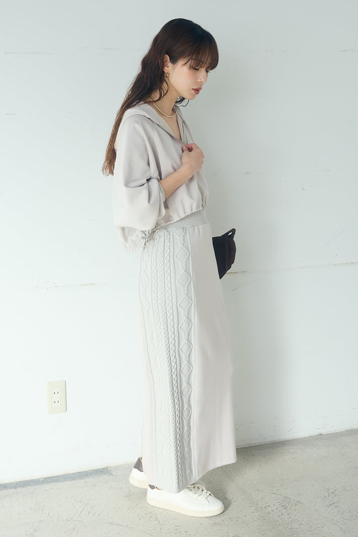 [SET]ドルマンショートフーディー+異素材ドッキングケーブルニットスカート(2set)