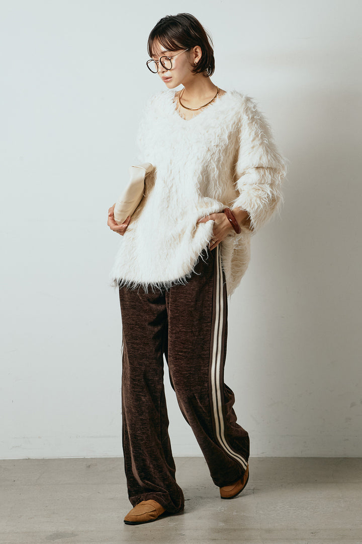 [SET]深Vネックシャギーニットトップス+リラックスサイドラインベロアワイドパンツ(2set)