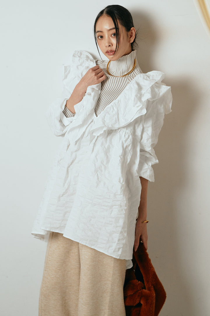 [SET]Vネックフリルカラーブラウス+センターラインニットパンツ(2set)