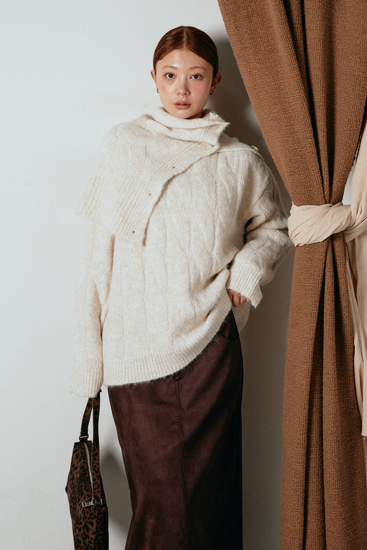 [SET]ケープデザインケーブルニットトップス+スウェードライク裾フリンジスカート(2set)