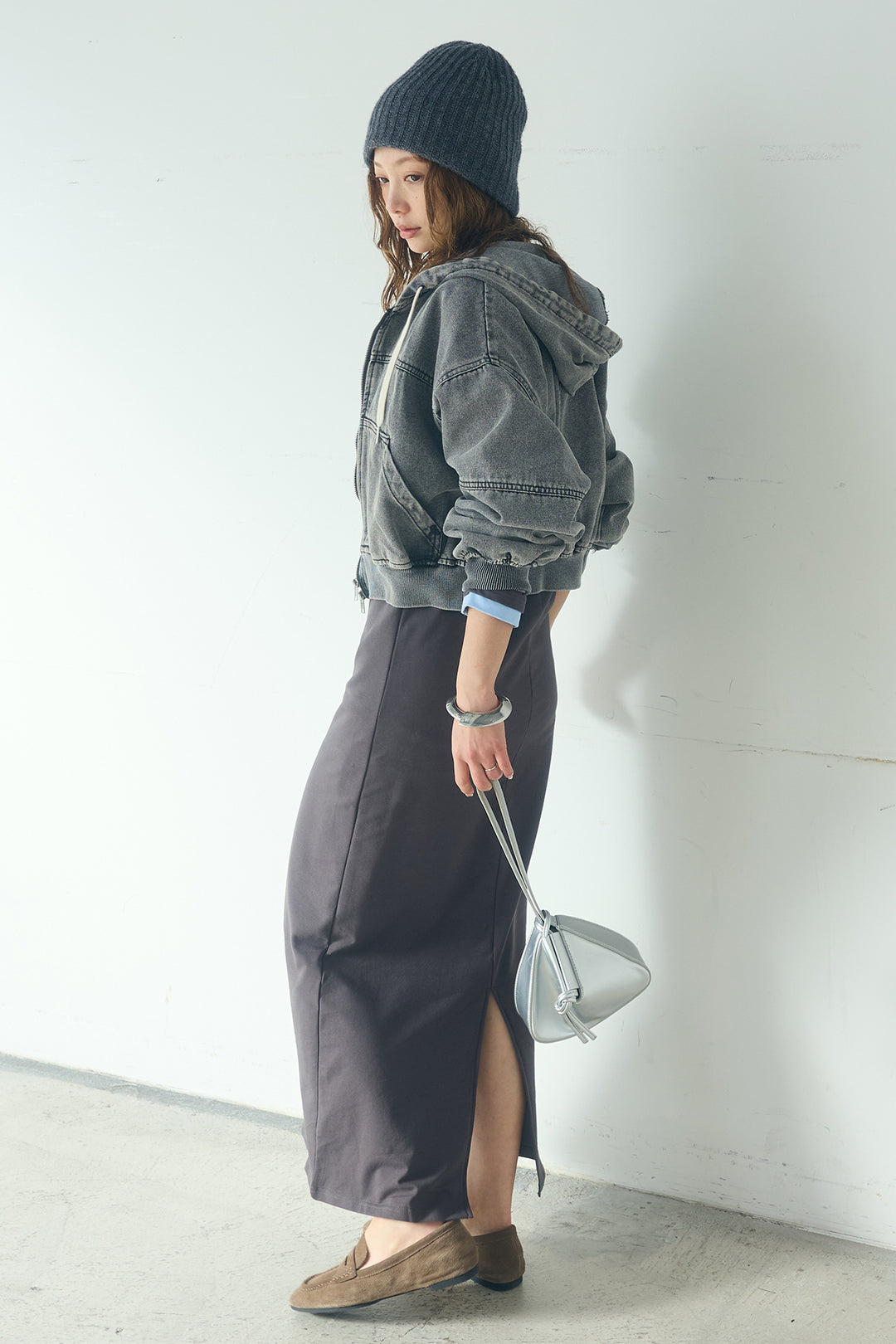 [SET]デニムダブルジップパーカーブルゾン+レイヤード見えヘンリーネックロングワンピース(2set)