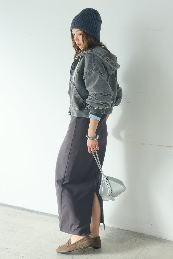 [SET]デニムダブルジップパーカーブルゾン+レイヤード見えヘンリーネックロングワンピース(2set)