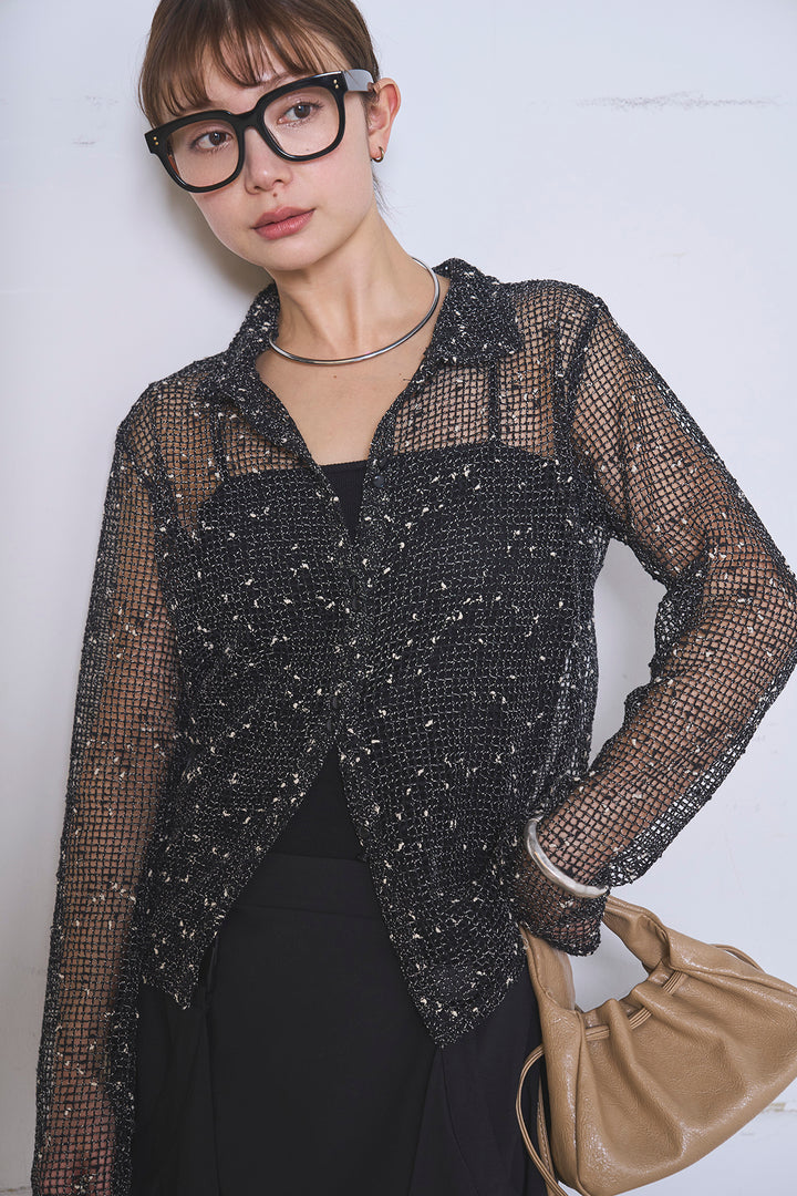 [SET]ネップメッシュポロ襟カーディガン+ラップレイヤードアシンメトリーデザインスカート(2set)