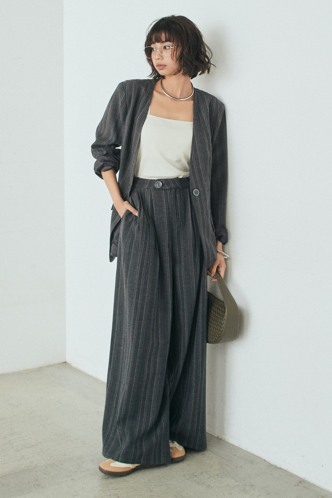 [SET]ノーカラーピンストライプジャケット+ピンストライプワイドスラックス(2set)