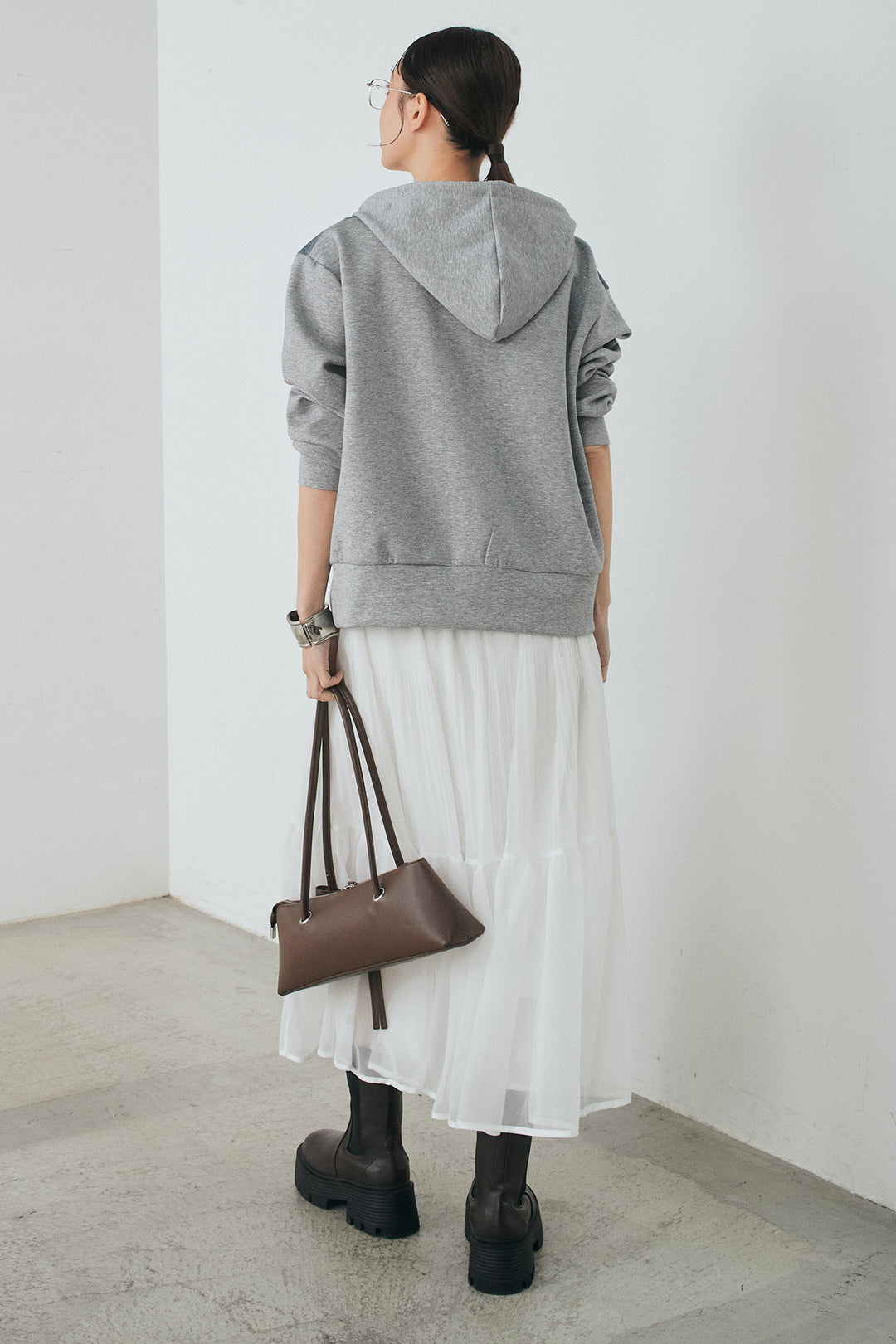 [SET]デニム切替ポンチダブルジップパーカー+ボリュームシルエットチュールスカート(2set)