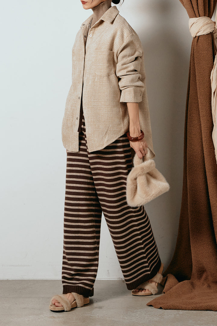 [SET]ルーズクラッシュツイルシャツ+リブニットシームレスタートルプルオーバー+ボーダーリラックスニットパンツ(3set)