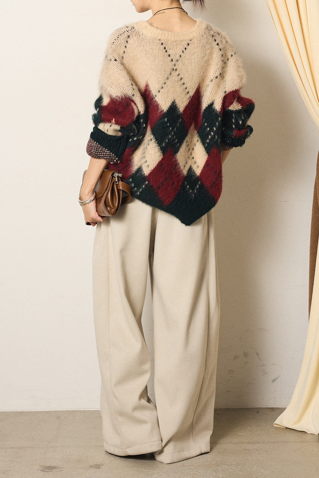 [SET]配色アーガイル柄ニットトップス+編みベルト付きワイドパンツ(2set)