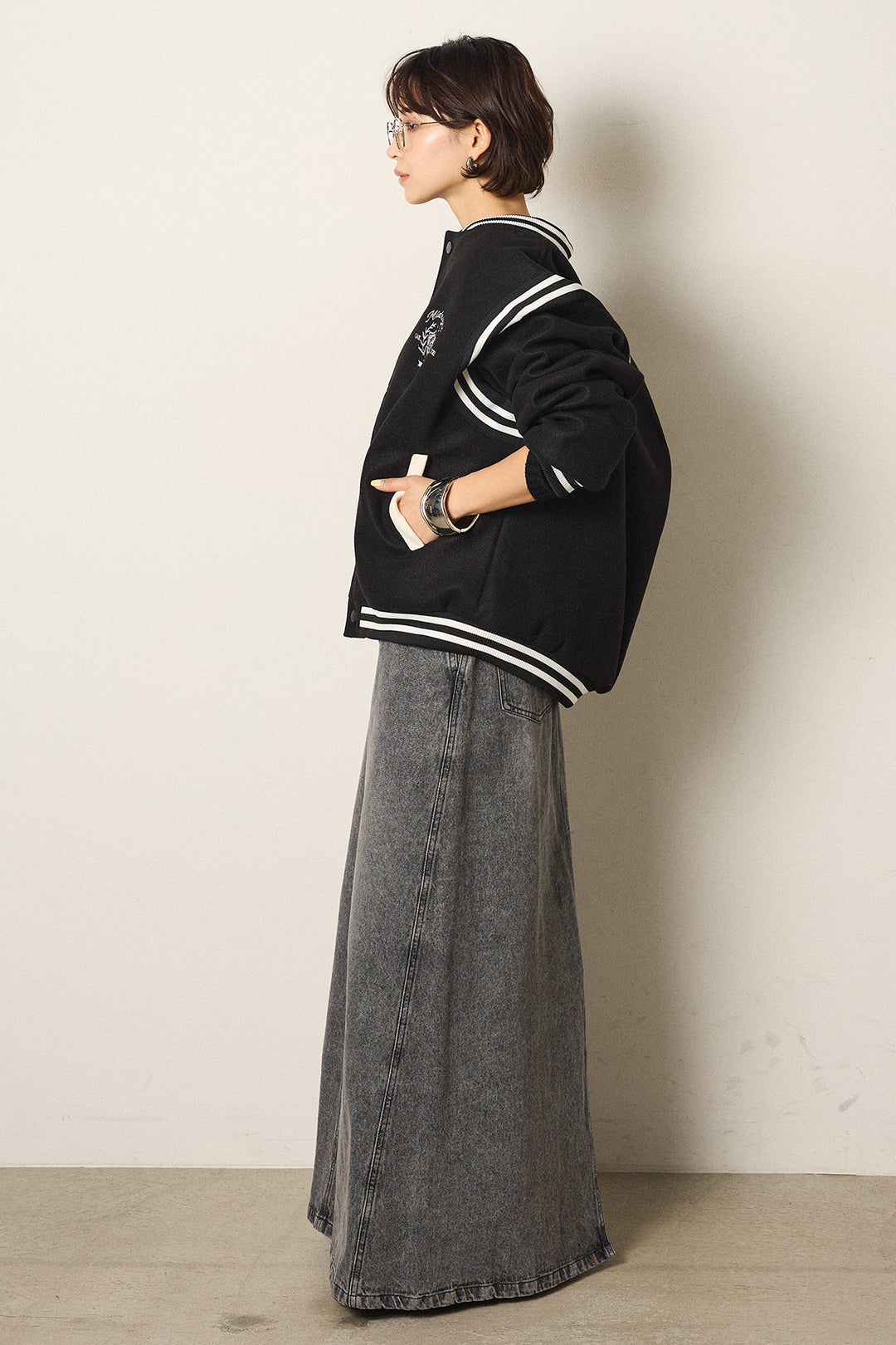 [SET]ワンポイントデザインブルゾン+デニムロングフレアスカート(2set)