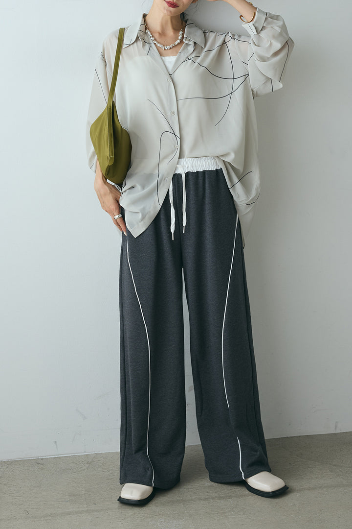 [SET]ニュアンスライン柄シアーシャツ+裏毛カーブラインワイドパンツ(2set)