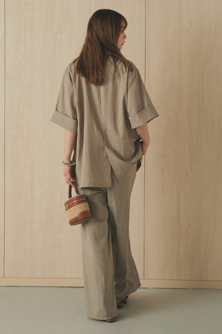[SET]半袖モノトーングラフィックトップス+リネンライク2タックワイドパンツ(2set)